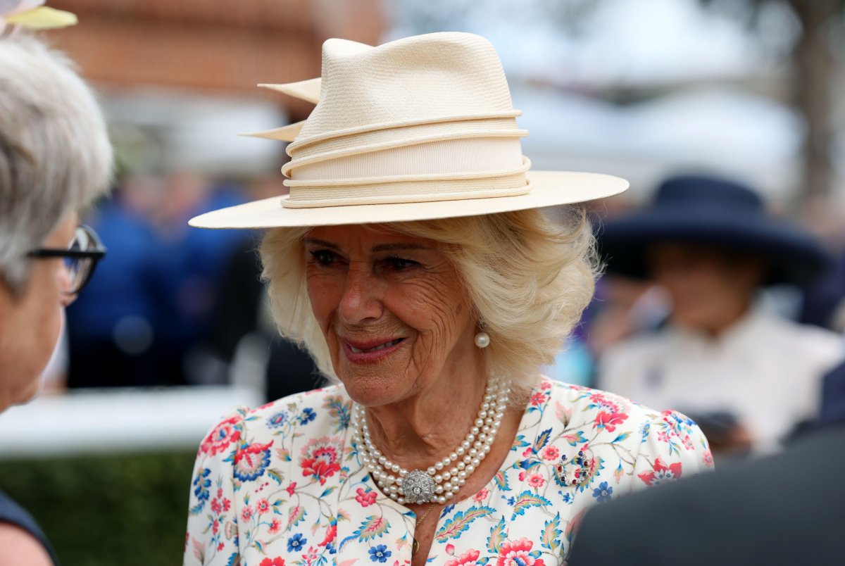 Queen Camilla attends the Sky Bet Ebor Festival at York Racecourse on August 21, 2025 (Richard Sellers/PA Images/Alamy)