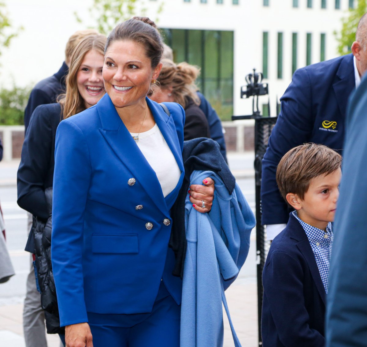 Crown Princess Victoria of Sweden, with Princess Estelle and Prince Oscar, arrives for the Finnkampen athletics meet at Stockholm Stadium on August 23, 2025 (Daniel Bengtsson/Alamy)