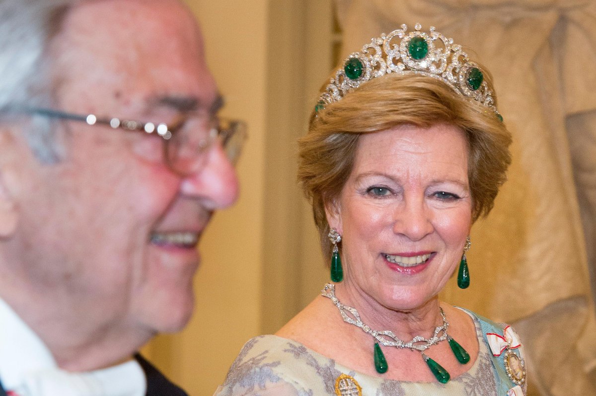 King Constantine and Queen Anne-Marie attend a banquet at Christiansborg Palace in Copenhagen celebrating Queen Margrethe II of Denmark's 75th birthday on April 15, 2015 (DPA Picture Alliance/Alamy)