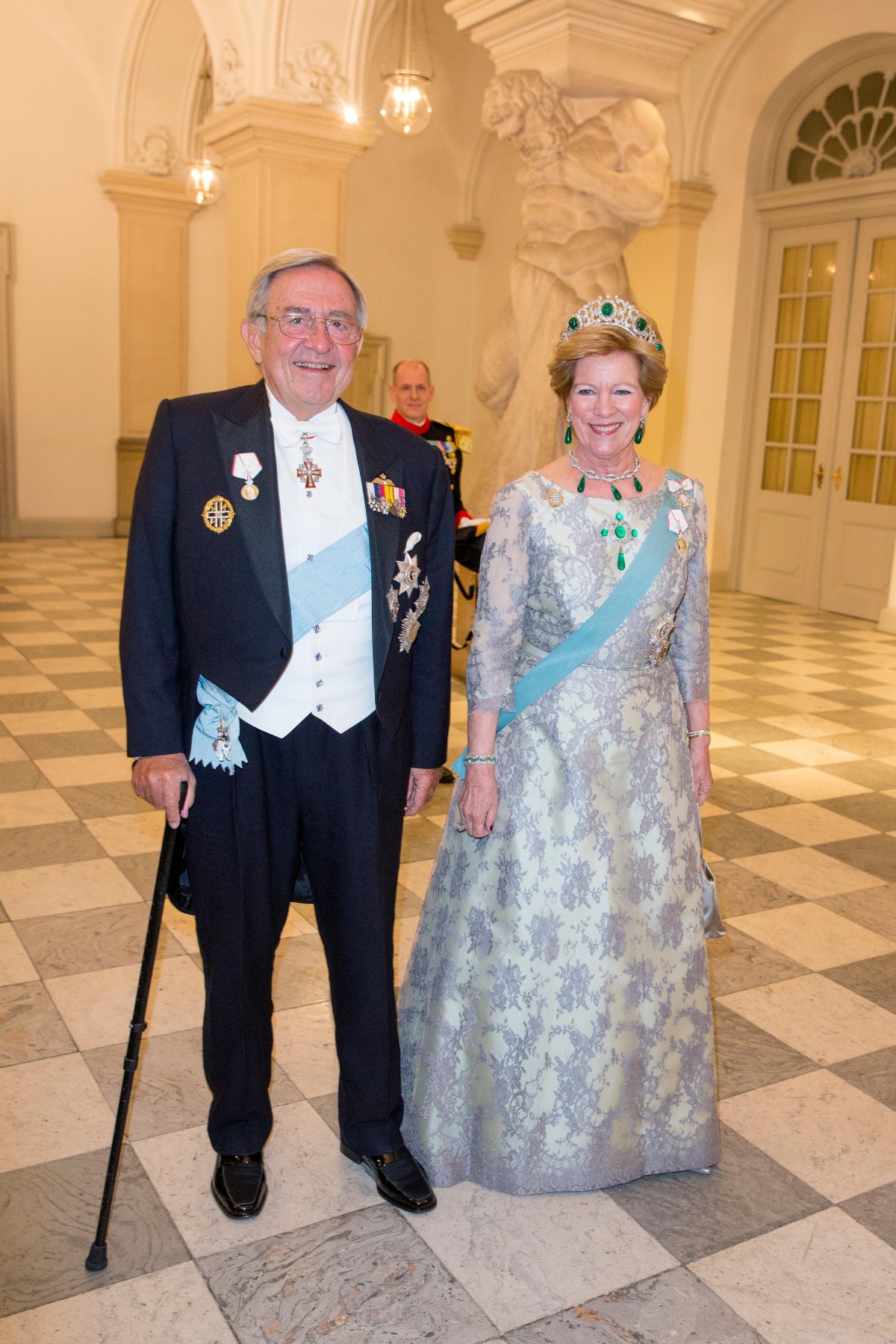King Constantine and Queen Anne-Marie attend a banquet at Christiansborg Palace in Copenhagen celebrating Queen Margrethe II of Denmark's 75th birthday on April 15, 2015 (DPA Picture Alliance/Alamy)