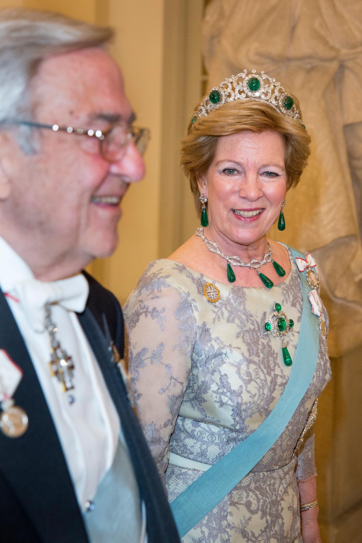 King Constantine and Queen Anne-Marie attend a banquet at Christiansborg Palace in Copenhagen celebrating Queen Margrethe II of Denmark's 75th birthday on April 15, 2015 (DPA Picture Alliance/Alamy)