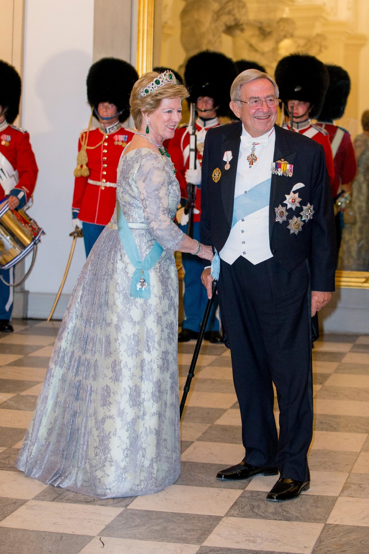 King Constantine and Queen Anne-Marie attend a banquet at Christiansborg Palace in Copenhagen celebrating Queen Margrethe II of Denmark's 75th birthday on April 15, 2015 (DPA Picture Alliance/Alamy)