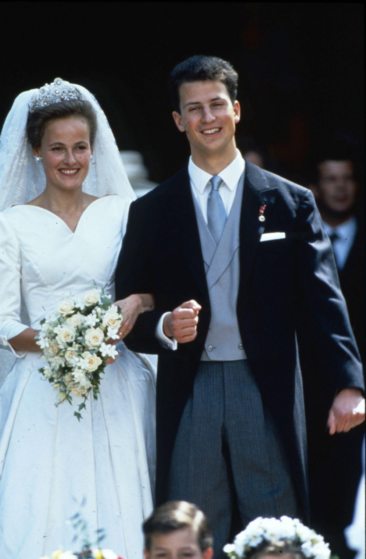 Hereditary Prince Alois of Liechtenstein and Duchess Sophie in Bavaria leave the cathedral after their wedding ceremony in Vaduz on July 3, 1993 (LaPresse/Alamy)