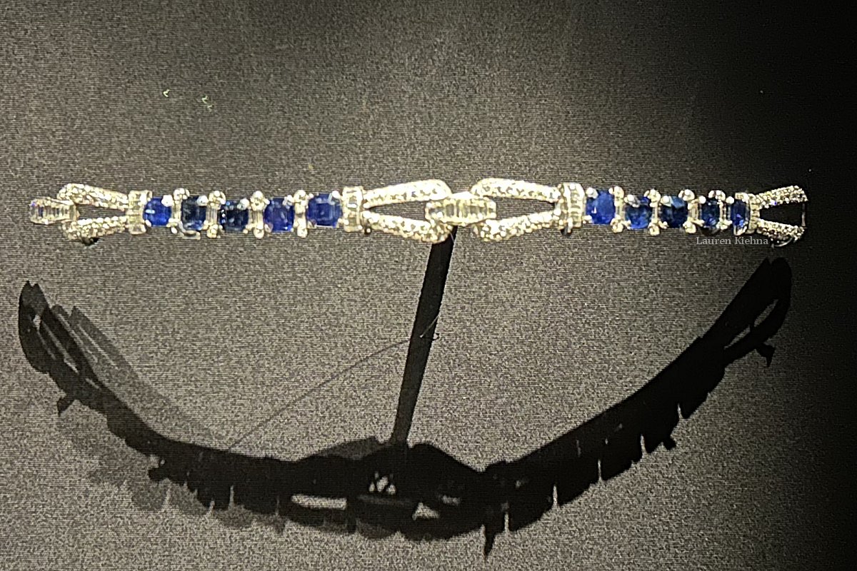 Queen Elizabeth II's sapphire and diamond bracelet is displayed as part of the Cartier exhibition at the Victoria & Albert Museum in London, April 2025 (© Lauren Kiehna)