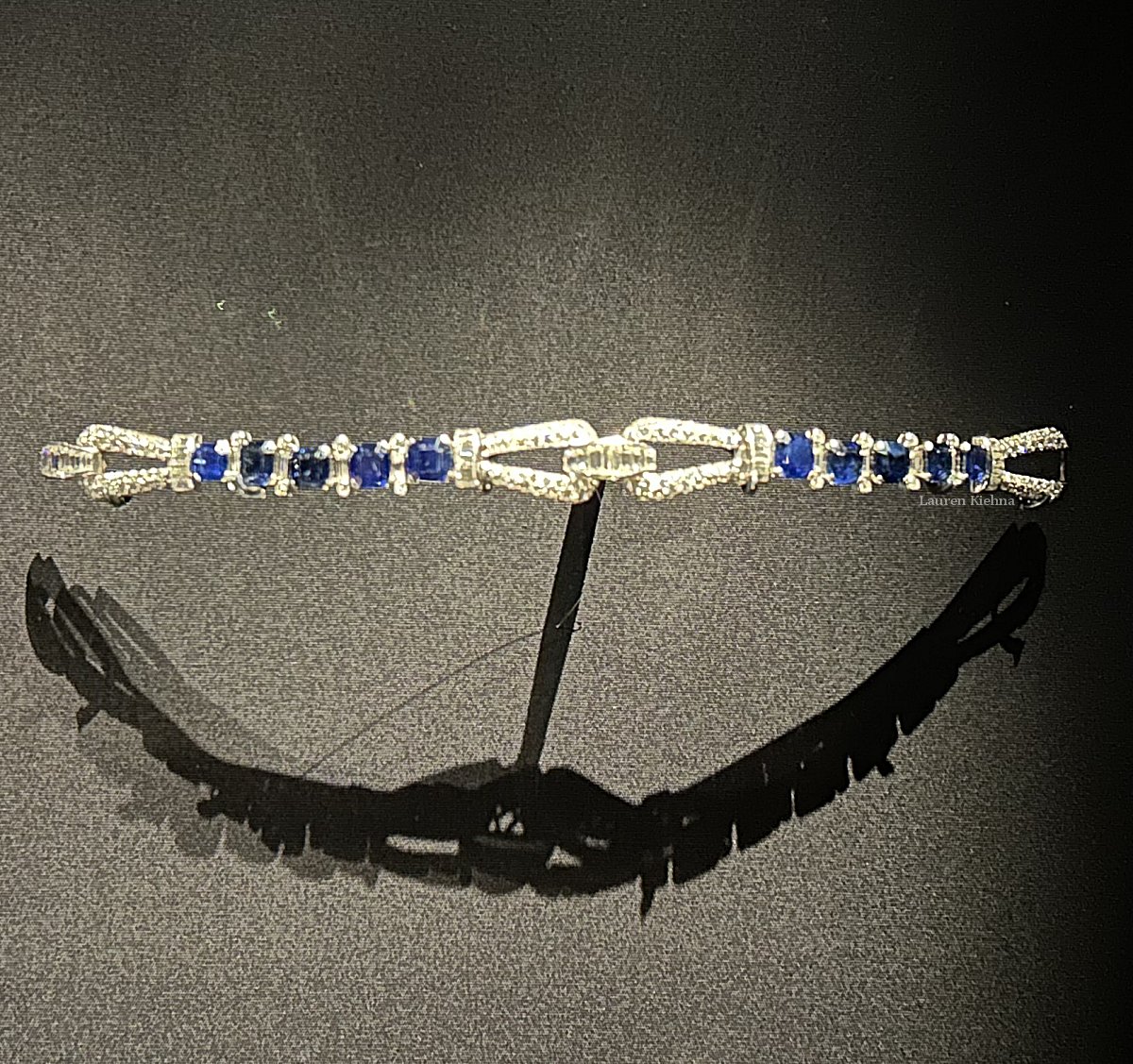 Queen Elizabeth II's sapphire and diamond bracelet is displayed as part of the Cartier exhibition at the Victoria & Albert Museum in London, April 2025 (© Lauren Kiehna)