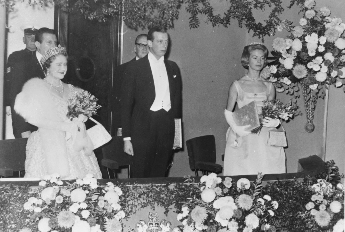 The Queen Mother, the Duke of Kent, and the Duchess of Kent attend the Royal Variety Performance at the Prince of Wales Theatre in London on November 6, 1961 (Smith Archive/Alamy)