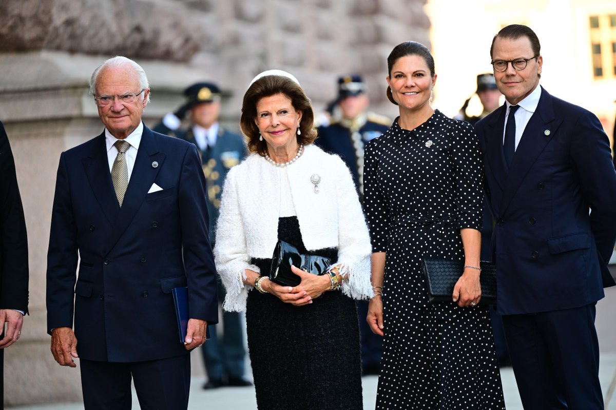 The King and Queen of Sweden, with Crown Princess Victoria and Prince Daniel, arrive for the opening of the Riksdag in Stockholm on September 9, 2025 (Magnus Lejhall/TT News Agency/Alamy)