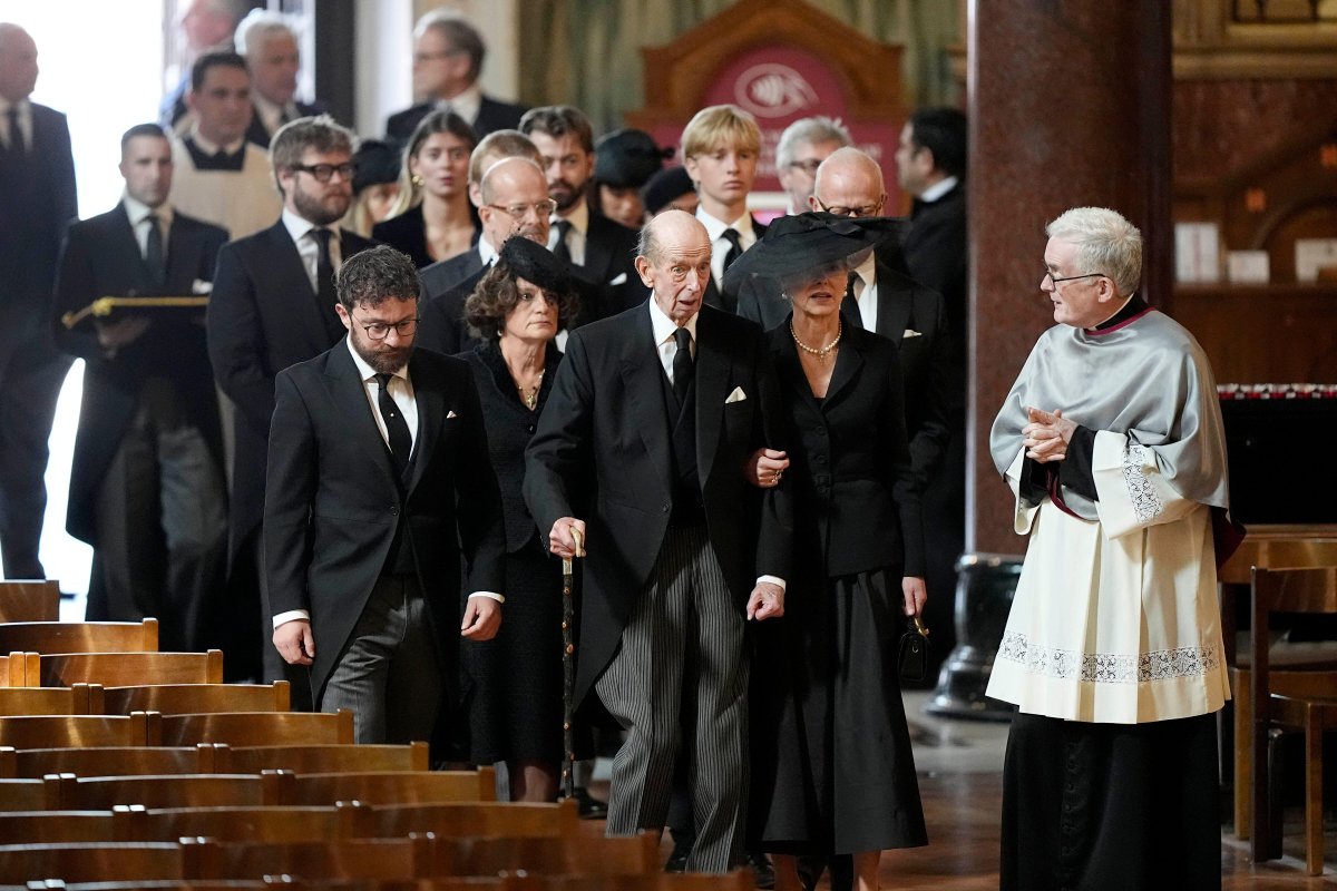 The Duke of Kent arrives with his children and grandchildren for the funeral of the Duchess of Kent at Westminster Cathedral in London on September 16, 2025 (Aaron Chown/PA Images/Alamy)