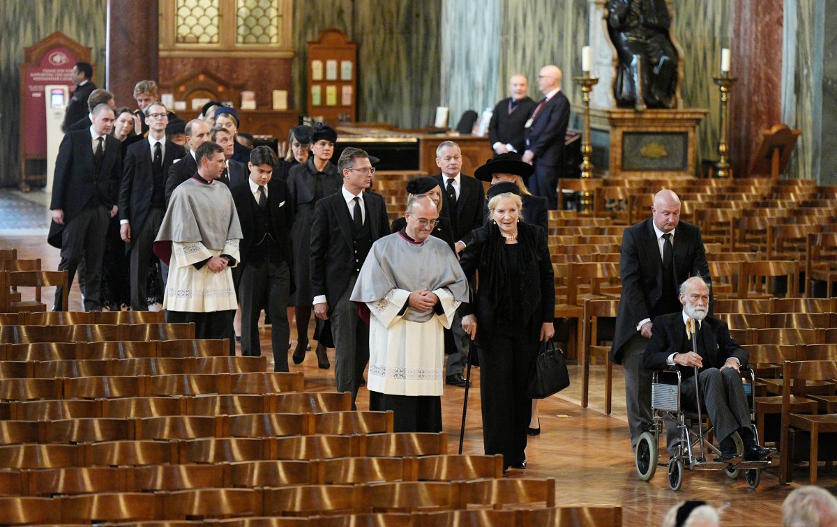 Members of the Kent, Gloucester, and Chatto families arrive for the funeral of the Duchess of Kent at Westminster Cathedral in London on September 16, 2025 (Aaron Chown/PA Images/Alamy)