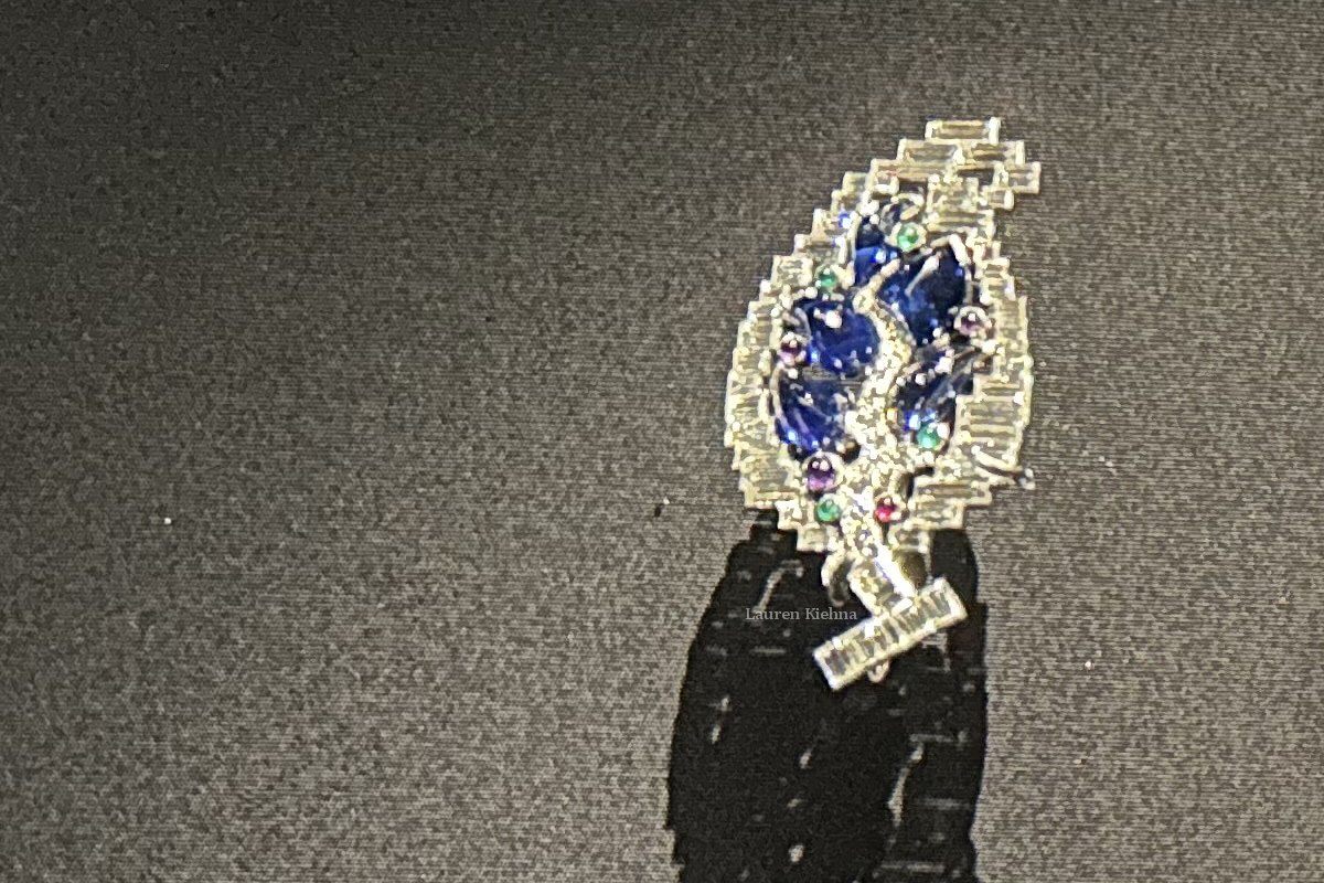 Queen Elizabeth II's Cartier Leaf Brooch is displayed as part of the Cartier exhibition at the Victoria & Albert Museum in London, April 2025 (© Lauren Kiehna)