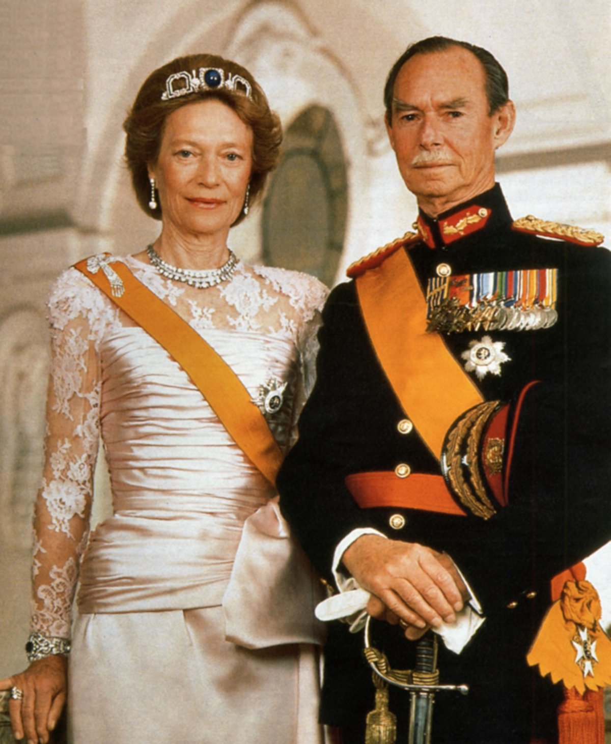 Grand Duke Jean and Grand Duchess Josephine-Charlotte of Luxembourg pose for an official portrait, ca. 1990 (Maison du Grand-Duc)