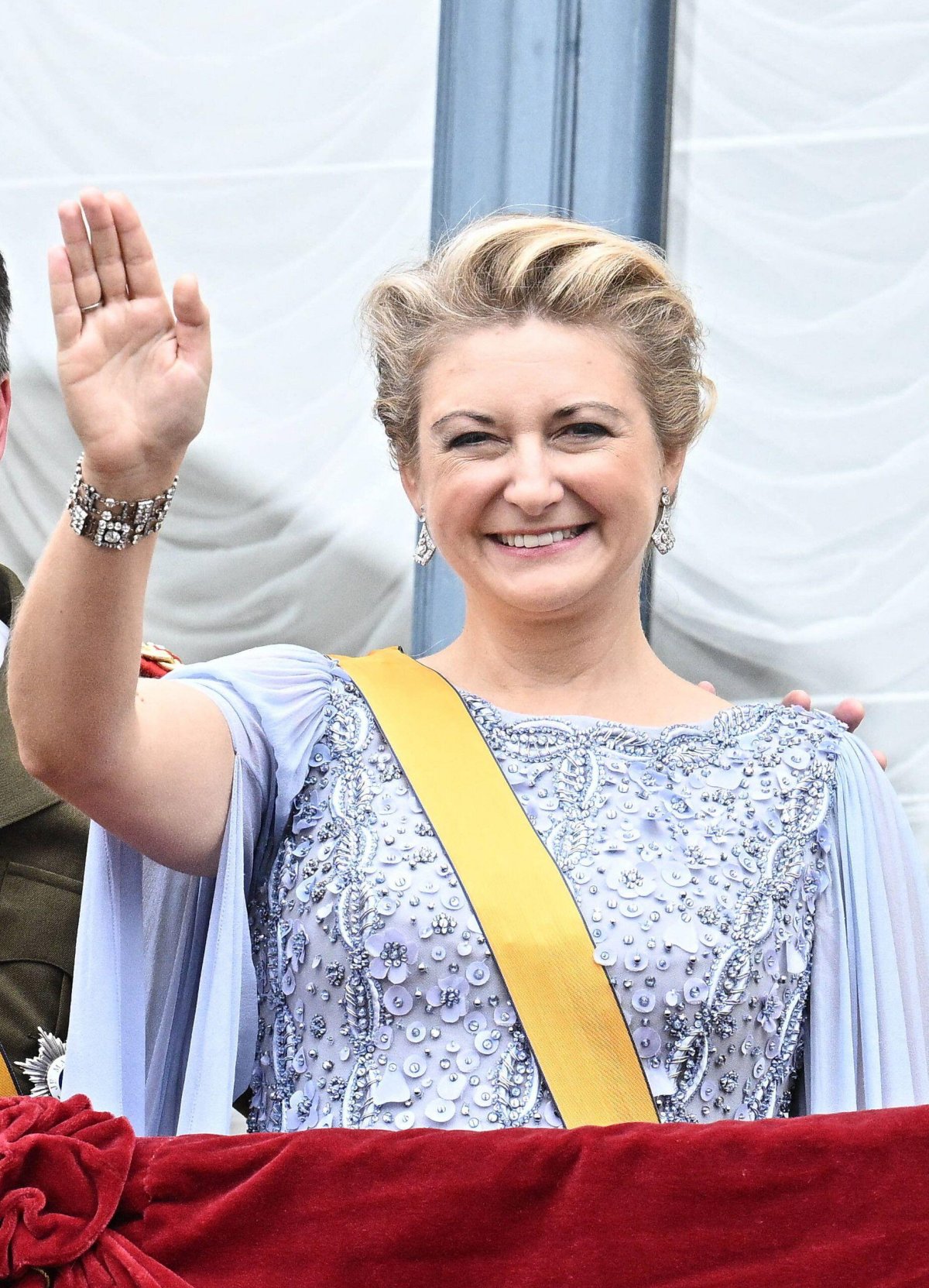 The Grand Duchess of Luxembourg waves from the balcony of the Grand Ducal Palace on October 3, 2025 (David Niviere/Abaca Press/Alamy)
