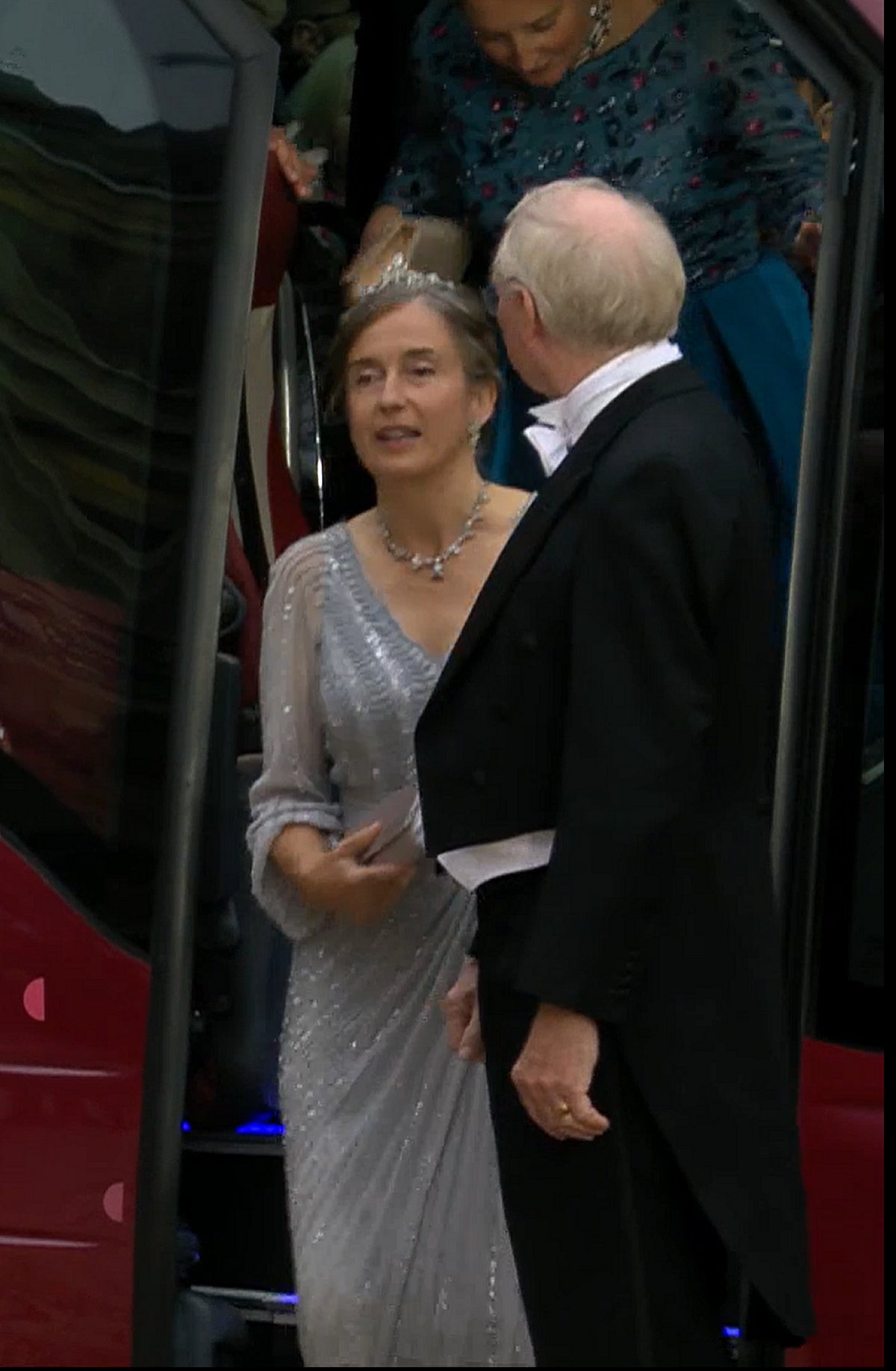 Nathalie and John Hamilton arrive for a gala dinner hosted by the new Grand Duke and Grand Duchess of Luxembourg on October 3, 2025 (Maison du Grand-Duc)