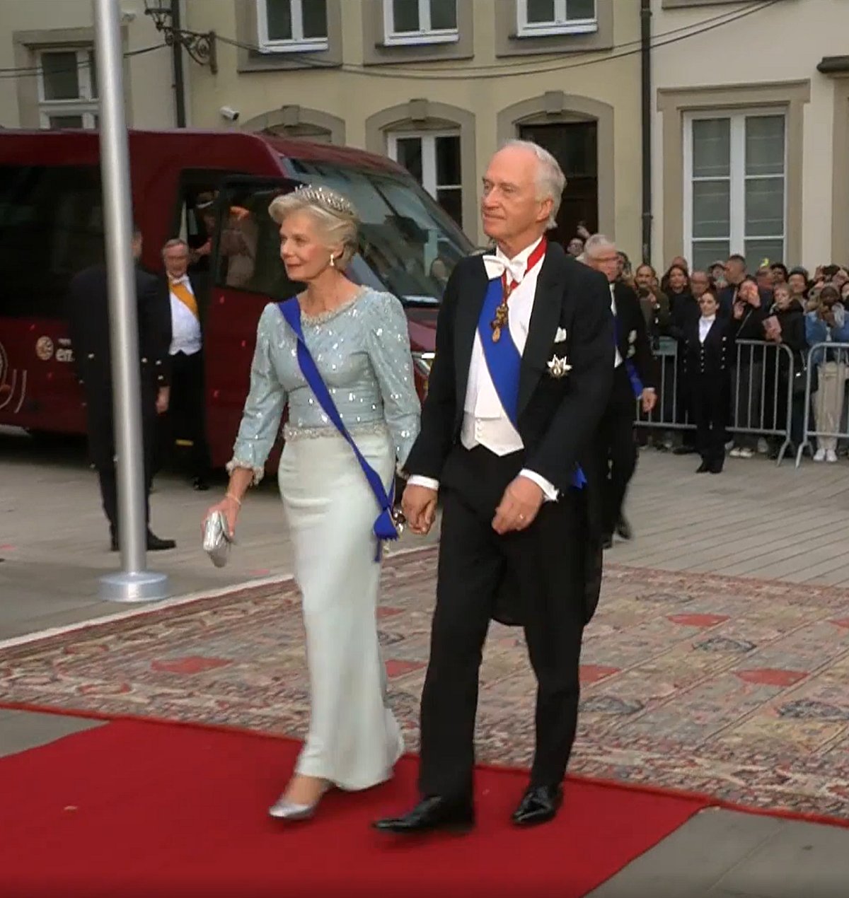 Archduchess Marie-Astrid and Archduke Carl Christian arrive for a gala dinner hosted by the new Grand Duke and Grand Duchess of Luxembourg on October 3, 2025 (Maison du Grand-Duc)