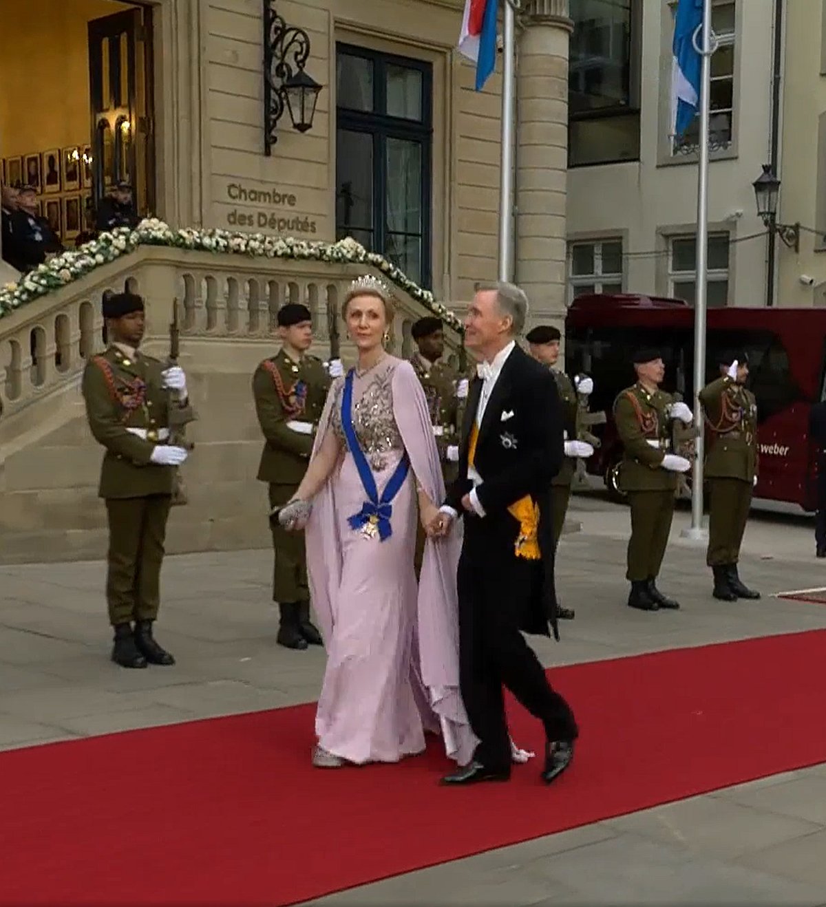 Prince Guillaume and Princess Sibilla of Luxembourg arrive for a gala dinner hosted by the new Grand Duke and Grand Duchess of Luxembourg on October 3, 2025 (Maison du Grand-Duc)