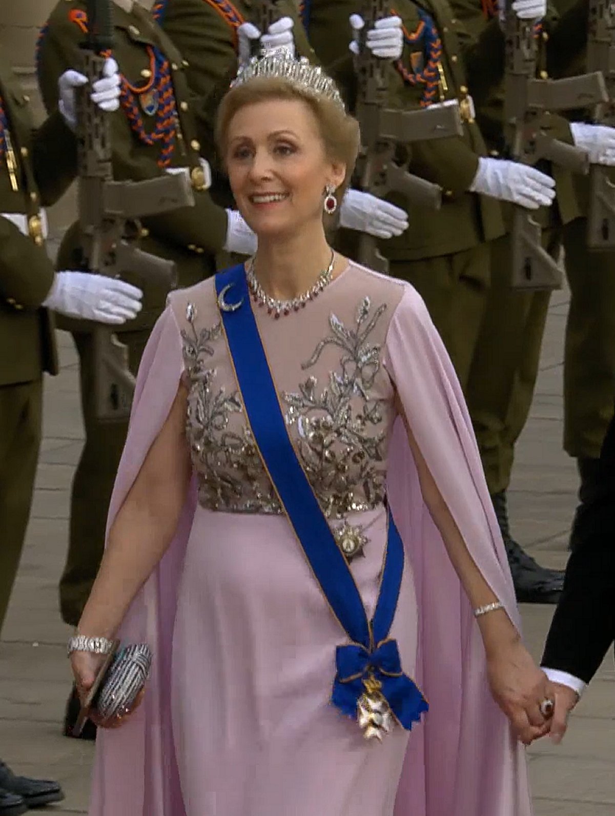 Princess Sibilla of Luxembourg arrives for a gala dinner hosted by the new Grand Duke and Grand Duchess of Luxembourg on October 3, 2025 (Maison du Grand-Duc)