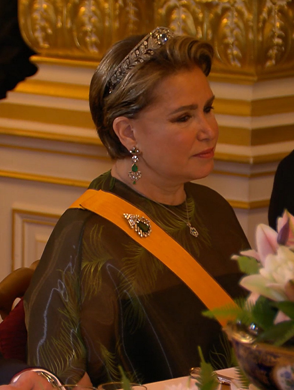 Grand Duchess Maria Teresa of Luxembourg attends a gala dinner hosted by the new Grand Duke and Grand Duchess of Luxembourg on October 3, 2025 (Maison du Grand-Duc)