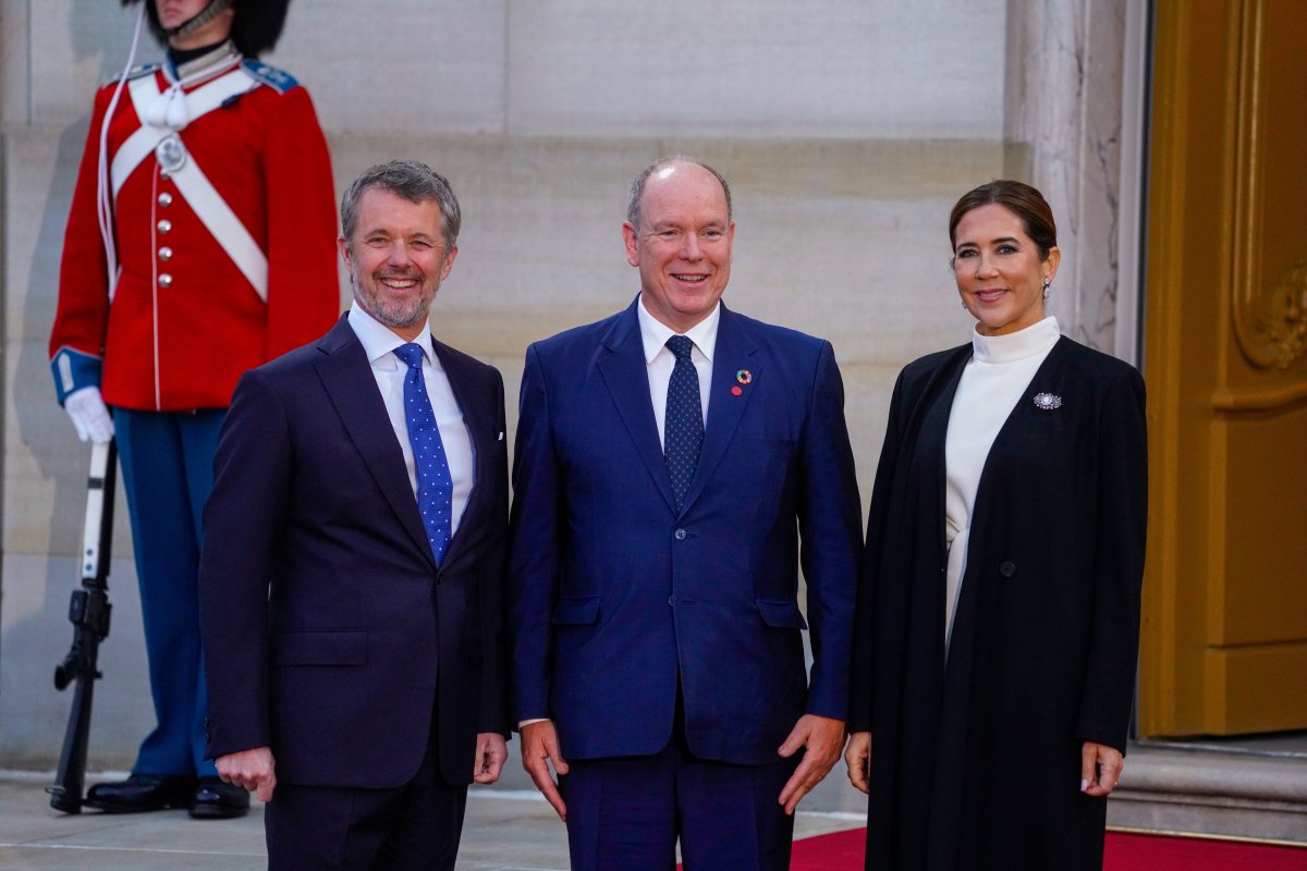 The King and Queen of Denmark greet the Prince of Monaco ahead of a dinner given for EU heads of state and government at Amalienborg Palace in Copenhagen on October 1, 2025 (Ole Berg-Rusten/NTB/Alamy)