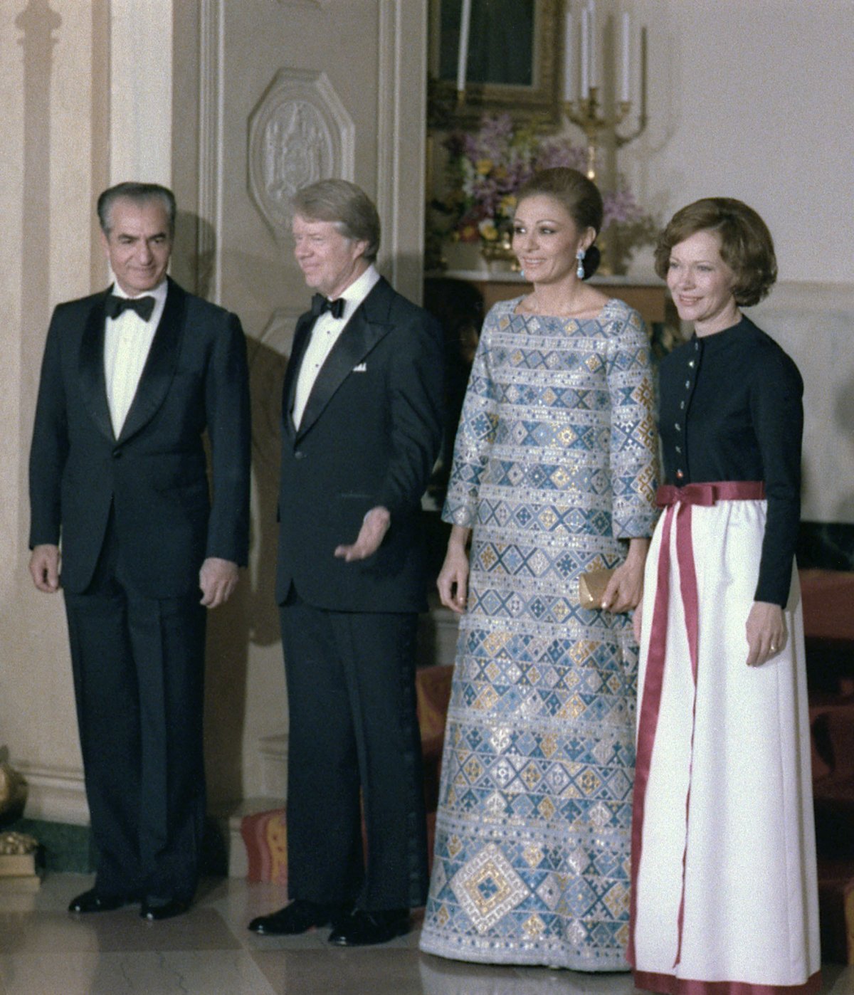 The Emperor and Empress of Iran are pictured with President Jimmy Carter and First Lady Rosalynn Carter ahead of a state dinner at the White House, November 1977 (Everett Collection/Alamy)