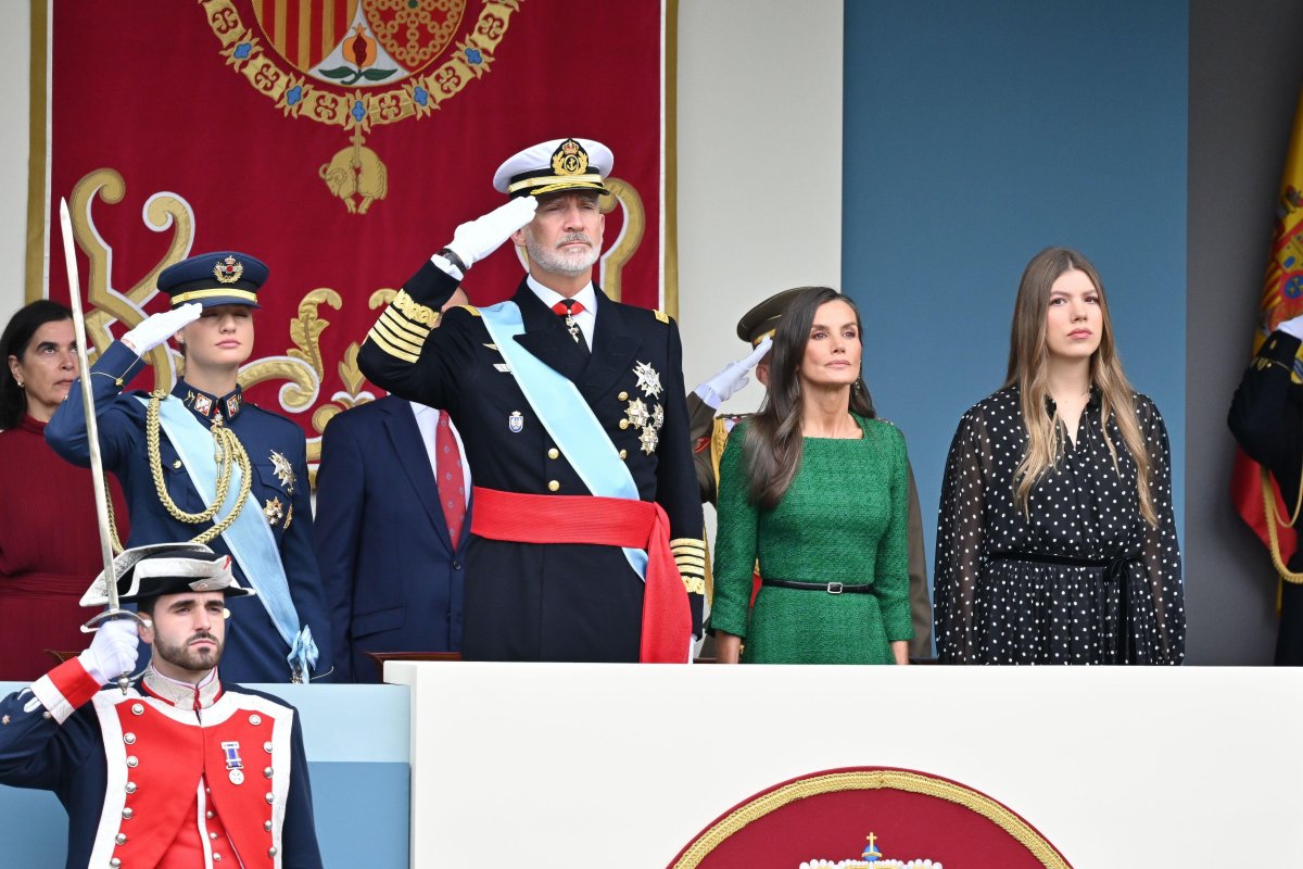 The King and Queen of Spain, with the Princess of Asturias and Infanta Sofia, are pictured during the National Day military parade at the Plaza de Neptuno in Madrid on October 12, 2025 (SOPA Images/Alamy)