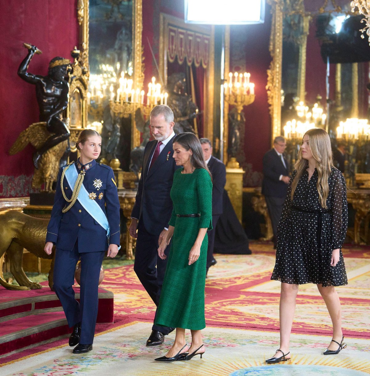 The King and Queen of Spain, with the Princess of Asturias and Infanta Sofia, are pictured during the National Day reception at the Royal Palace in Madrid on October 12, 2025 (Jack Abuin/Zuma Press/Alamy)