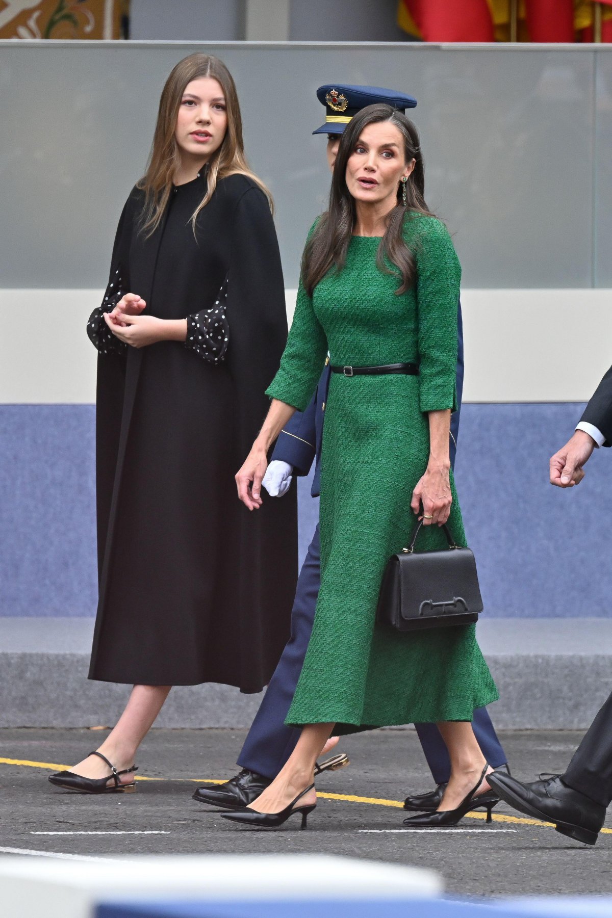 The Queen of Spain, with the Princess of Asturias and Infanta Sofia, is pictured during the National Day military parade at the Plaza de Neptuno in Madrid on October 12, 2025 (SOPA Images/Alamy)