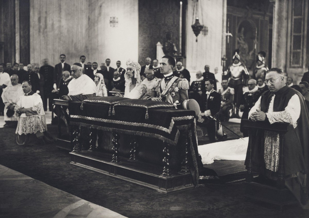 Princess Marie-José of Belgium and Crown Prince Umberto of Italy, pictured during their wedding ceremony at the Quirinal Palace in Rome, January 1930 (ARCHIVIO GBB/Alamy)
