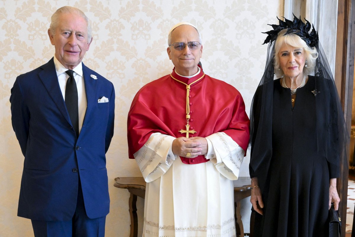 King Charles III and Queen Camilla are pictured with Pope Leo XIV during their state visit to the Vatican on October 23, 2025 (Vatican Media/Abaca Press/Alamy)