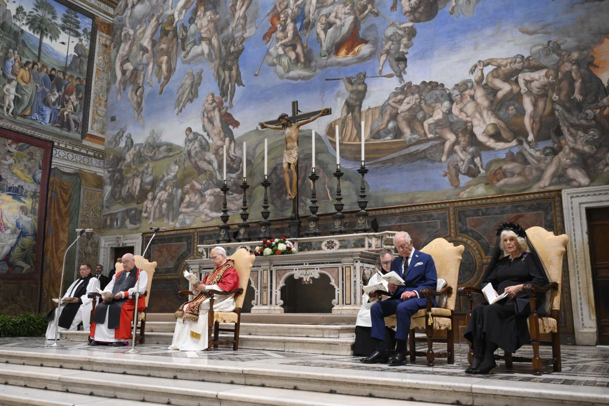 King Charles III and Queen Camilla attend a prayer service with Pope Leo XIV in the Sistine Chapel during their state visit to the Vatican on October 23, 2025 (Vatican Media/IPA/Alamy)