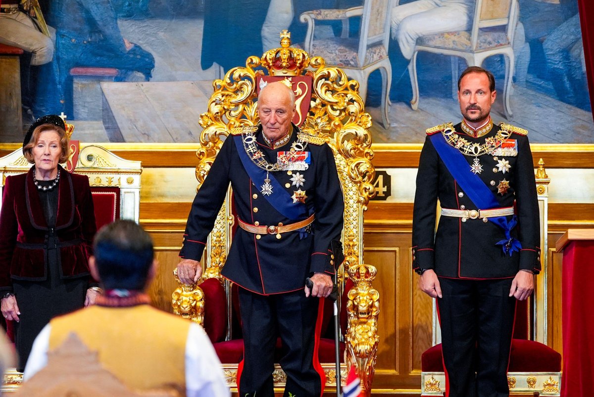 The King and Queen of Norway, with Crown Prince Haakon, is pictured during the opening of the Storting in Oslo on October 11, 2025 (Terje Pedersen/NTB/Alamy)