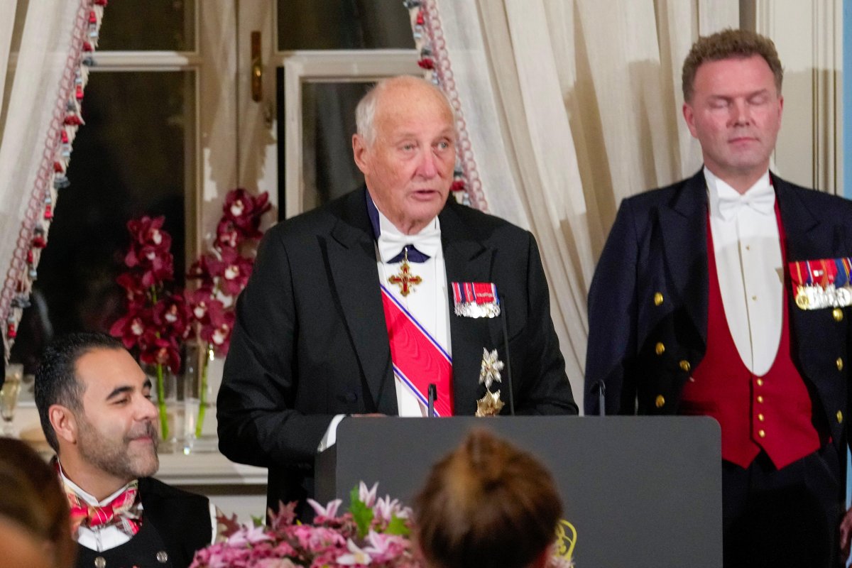 The King of Norway delivers remarks during a gala dinner for members of Norway's parliament, the Storting, at the Royal Palace in Oslo on October 23, 2025 (Terje Bendiksby/NTB/Alamy)