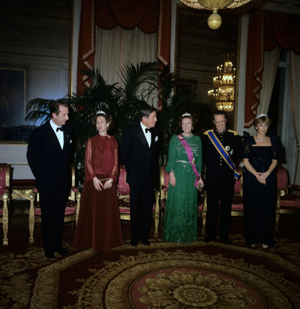 Queen Beatrix and Prince Claus of the Netherlands are pictured with King Baudouin, Queen Fabiola, Prince Albert, and Princess Paola during the Dutch state visit to Belgium in March 1981 (NTB/Alamy)