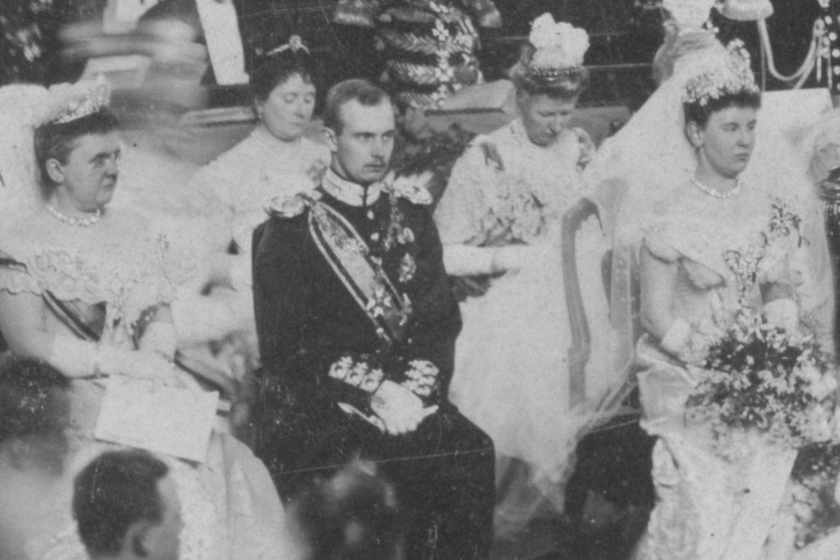 Queen Wilhelmina and Prince Hendrik of the Netherlands, with Queen Emma, are pictured during their wedding ceremony in The Hague on February 7, 1901 (Rijksmuseum)