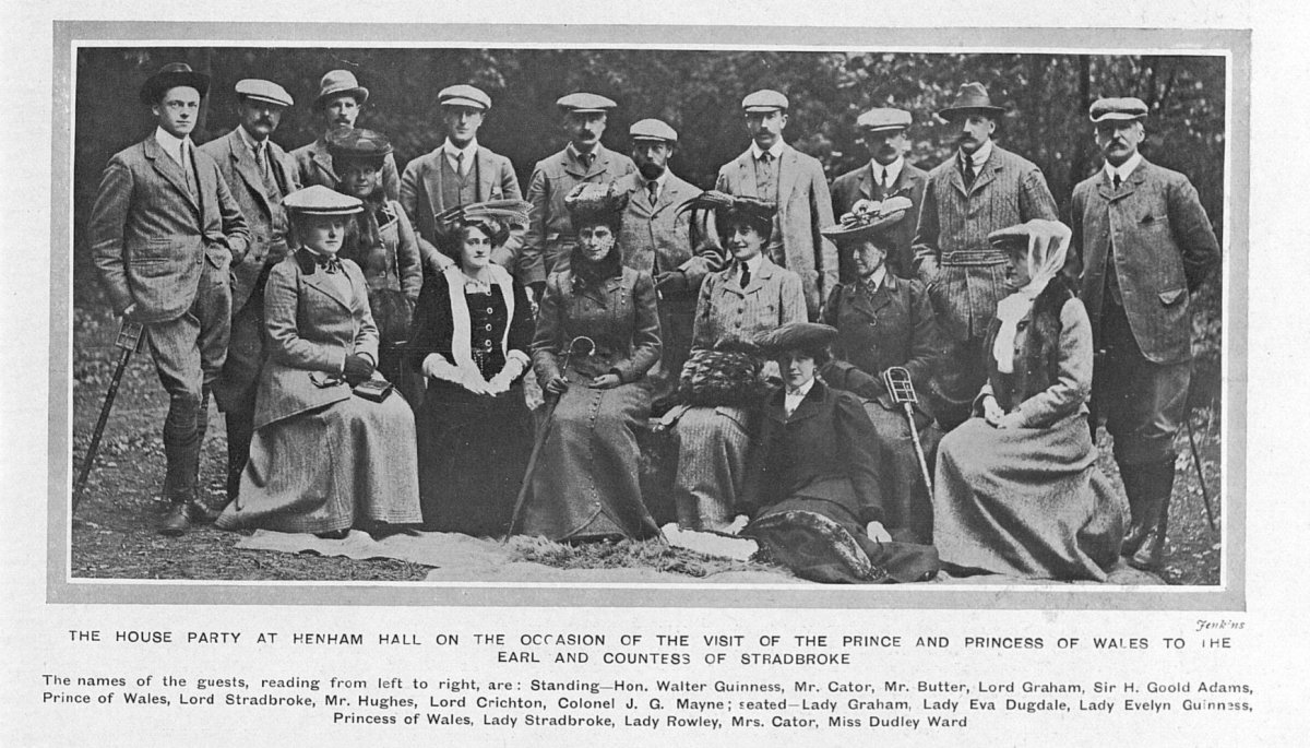 Members of a house party, including the Prince and Princess of Wales, at the Earl and Countess of Stradbroke's Henham Hall residence, 1906 (The Tatler)