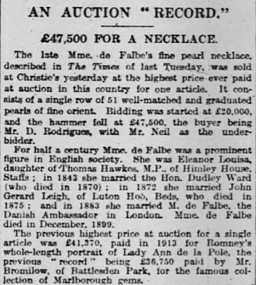 Report on the sale of Mme. de Falbe's necklace from the Times, July 1918