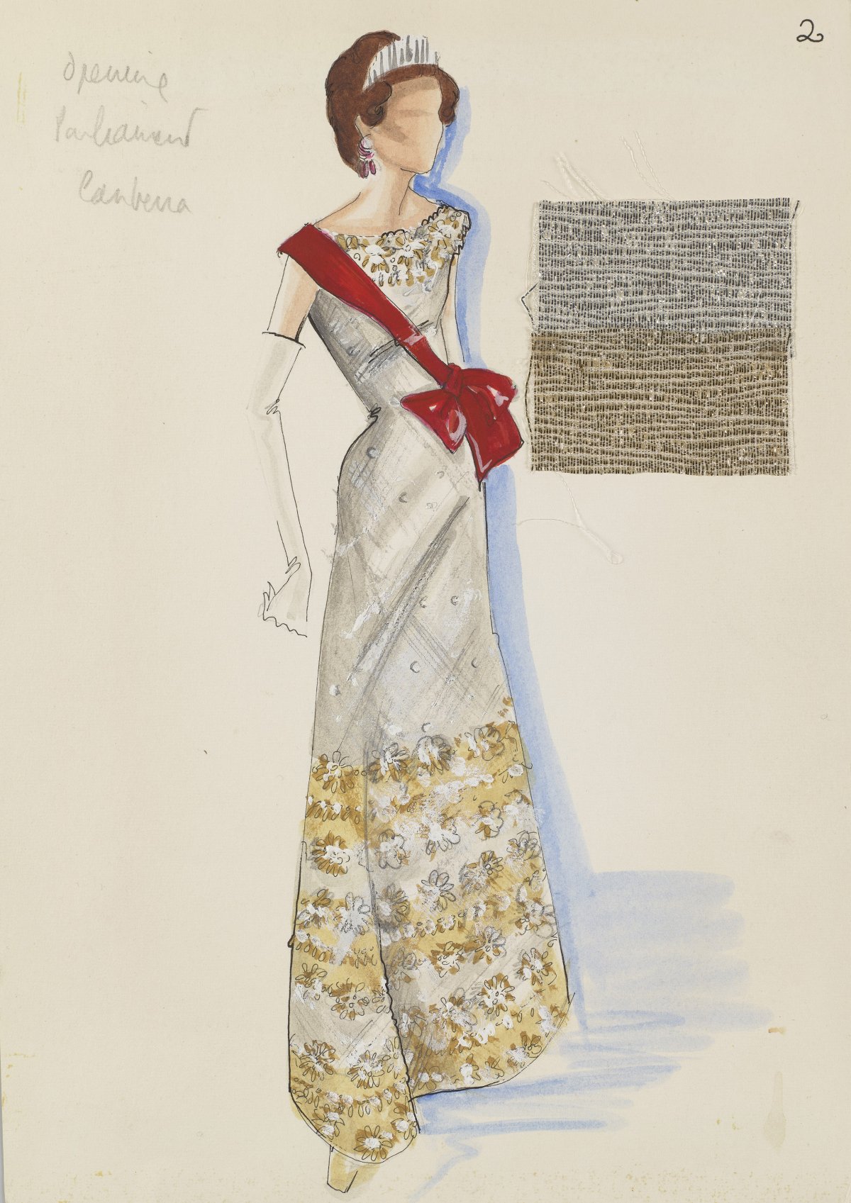 Illustration for a silver lamé beaded shift dress worn during a state visit to France in 1972, Norman Hartnell (Royal Collection Trust)