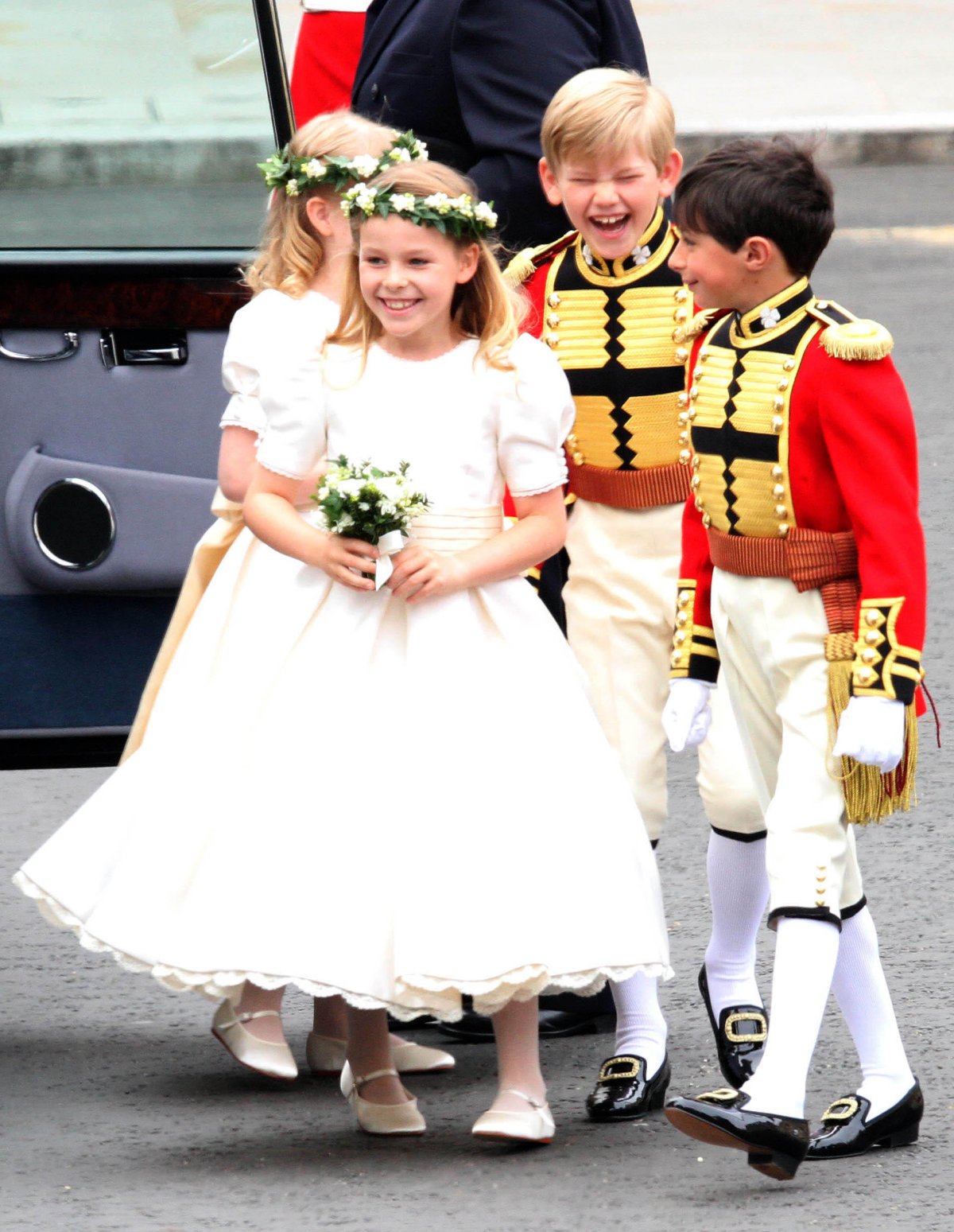 Bridesmaids Margarita Armstrong-Jones and Lady Louise Windsor and page boys William Lowther-Pinkerton and Tom Pettifer arrive at Westminster Abbey for the Duke and Duchess of Cambridge's wedding ceremony on April 29, 2011 (Albert Nieboer/DPA Picture Alliance/Alamy)