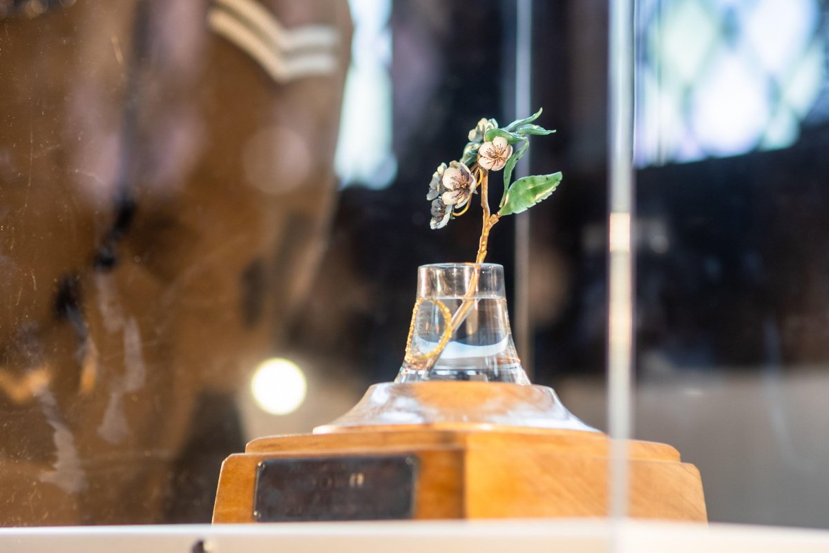 A sprig of pear blossom, made by Fabergé and presented to The Queen's Own Worcestershire Hussars by the Countess of Dudley, is displayed at the Commandery Museum in Worcester on November 9, 2025 (Peter Lopeman/Alamy)