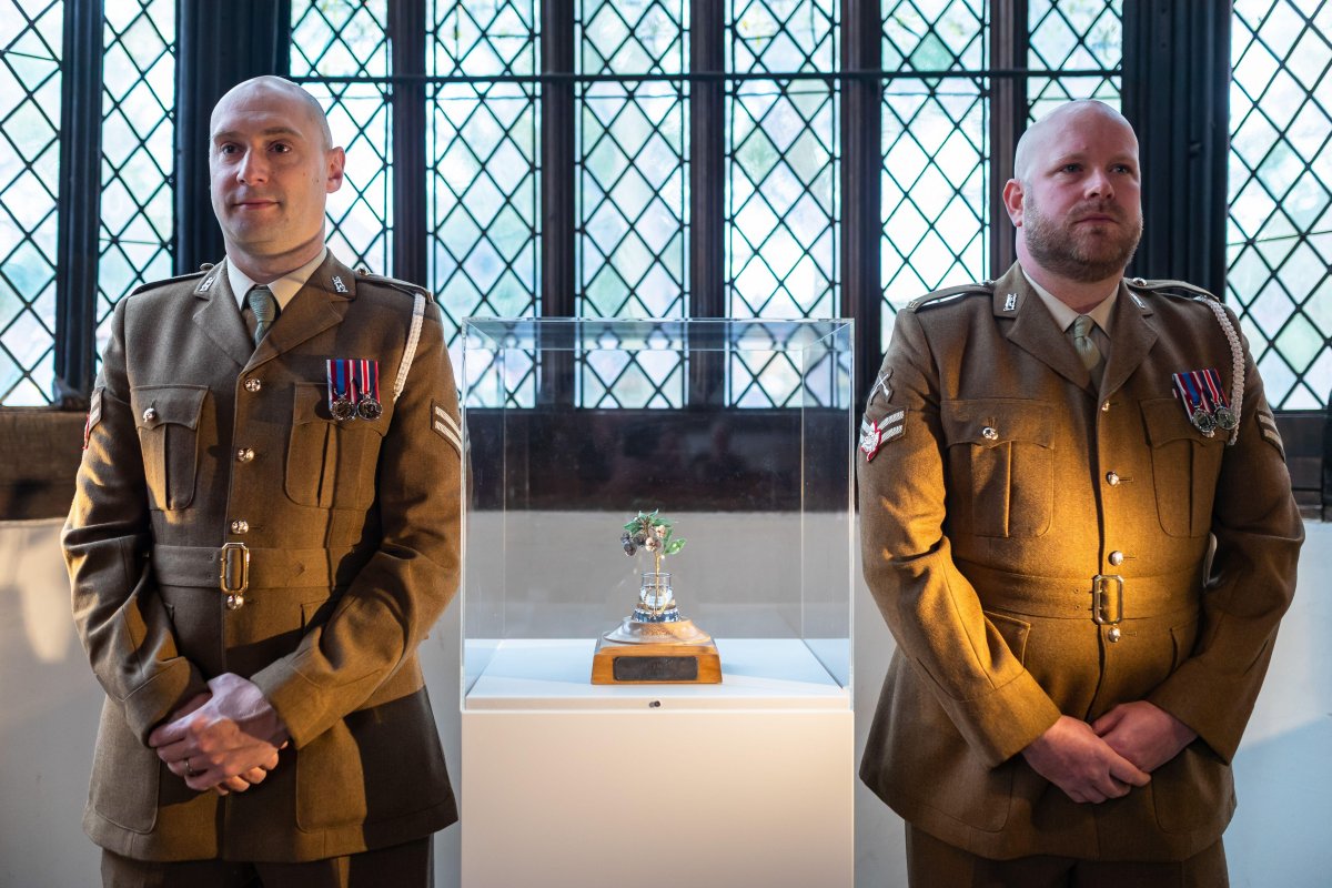 A sprig of pear blossom, made by Fabergé and presented to The Queen's Own Worcestershire Hussars by the Countess of Dudley, is displayed at the Commandery Museum in Worcester on November 9, 2025 (Peter Lopeman/Alamy)