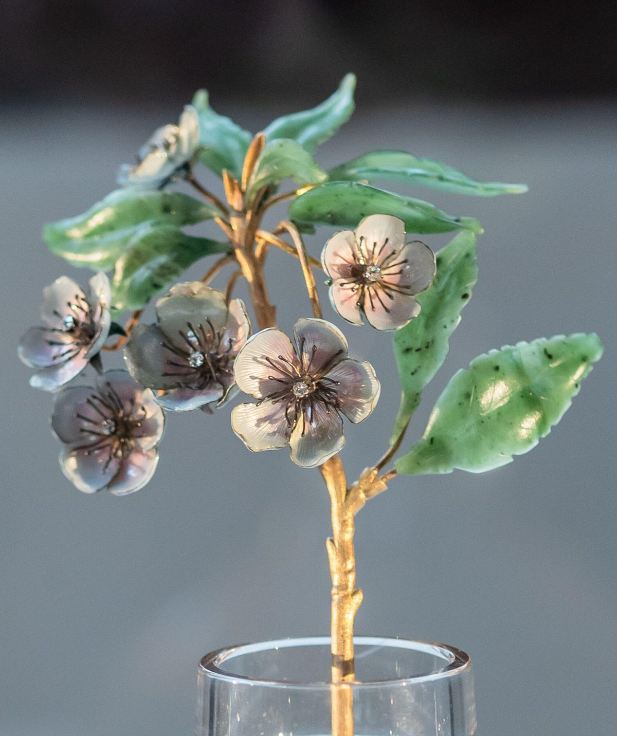 A sprig of pear blossom, made by Fabergé and presented to The Queen's Own Worcestershire Hussars by the Countess of Dudley, is displayed at the Commandery Museum in Worcester on November 9, 2025 (Peter Lopeman/Alamy)