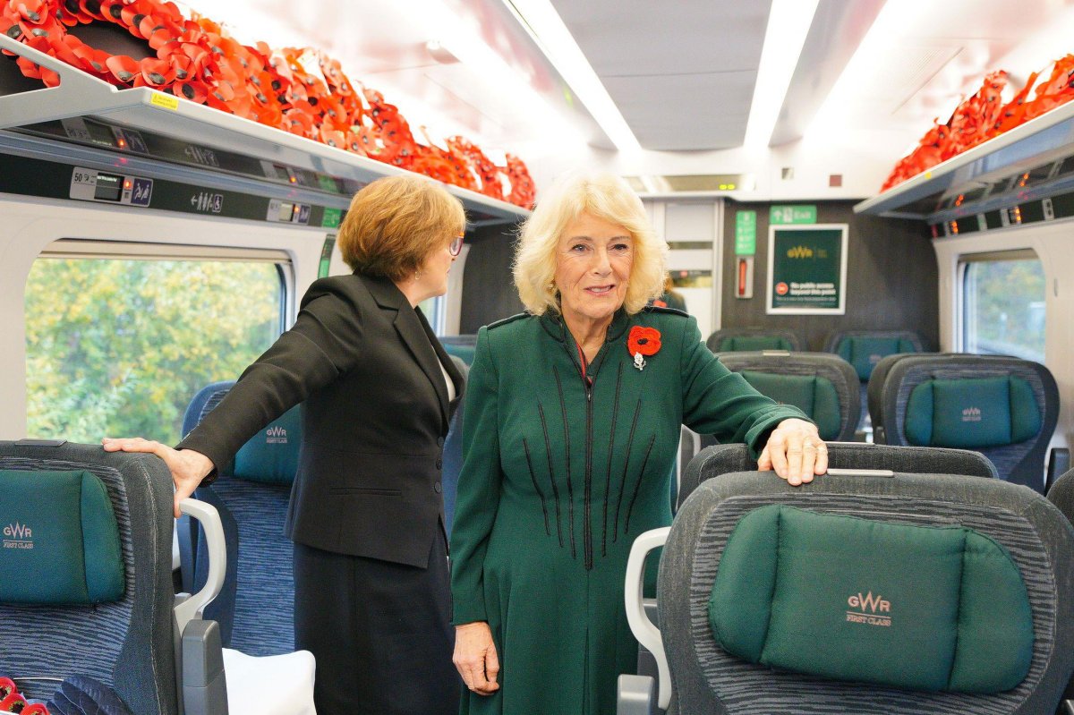 Queen Camilla travels by train from Chippenham in Wiltshire to London Paddington as part of the Great Western Railway 'Poppies to Paddington' event to mark Armistice Day on November 11, 2025 (Ben Birchall/PA Images/Alamy)