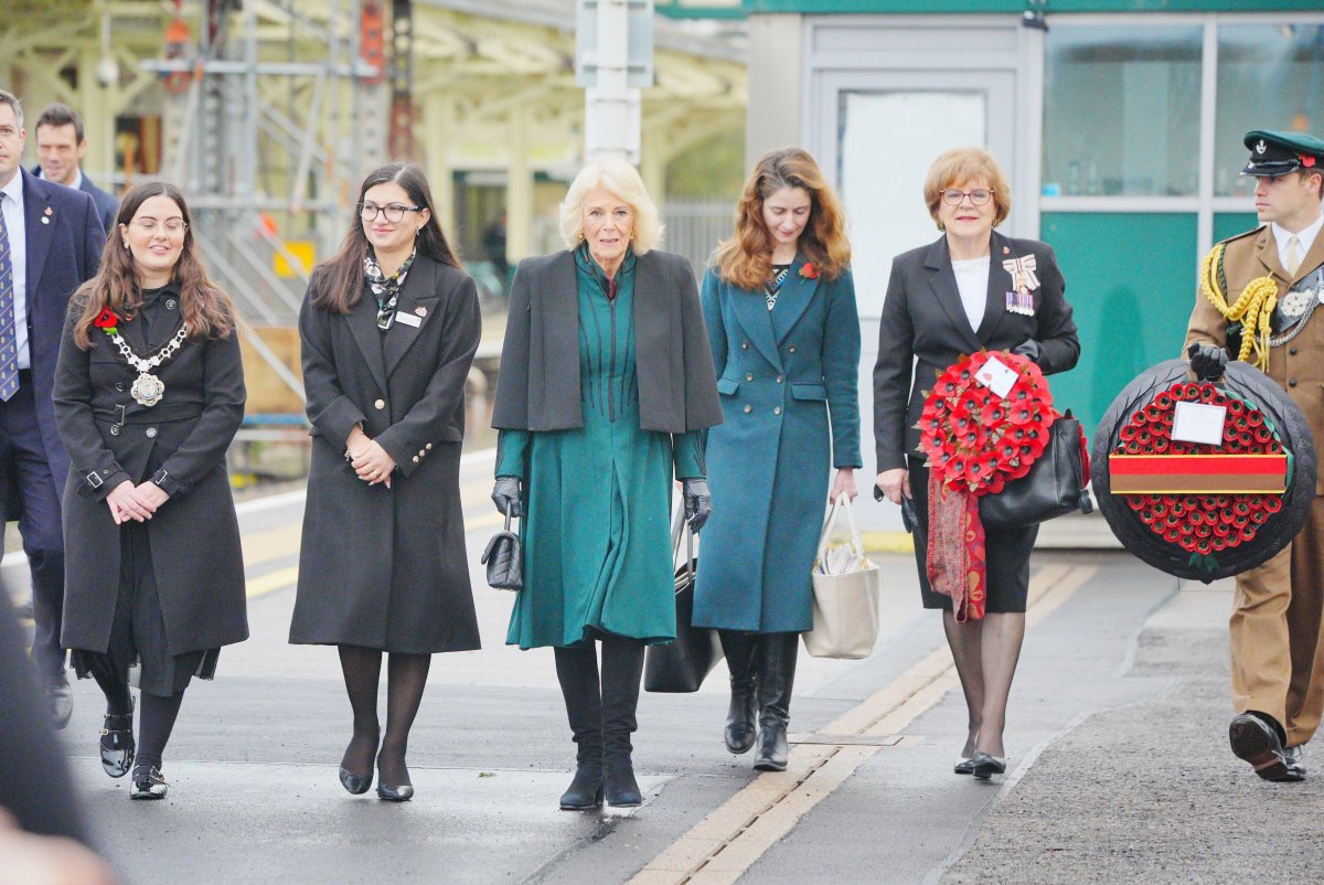 Queen Camilla travels by train from Chippenham in Wiltshire to London Paddington as part of the Great Western Railway 'Poppies to Paddington' event to mark Armistice Day on November 11, 2025 (Ben Birchall/PA Images/Alamy)
