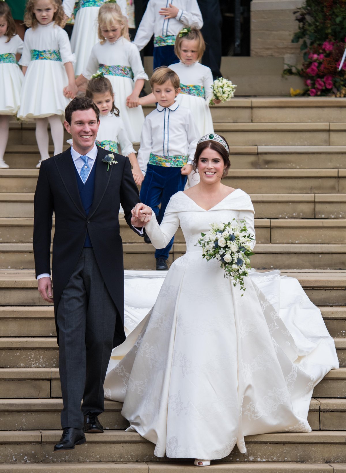 Jack Brooksbank and Princess Eugenie leave St. George's Chapel, Windsor after their royal wedding on October 12, 2018 (John Rainford/WENN/Alamy)
