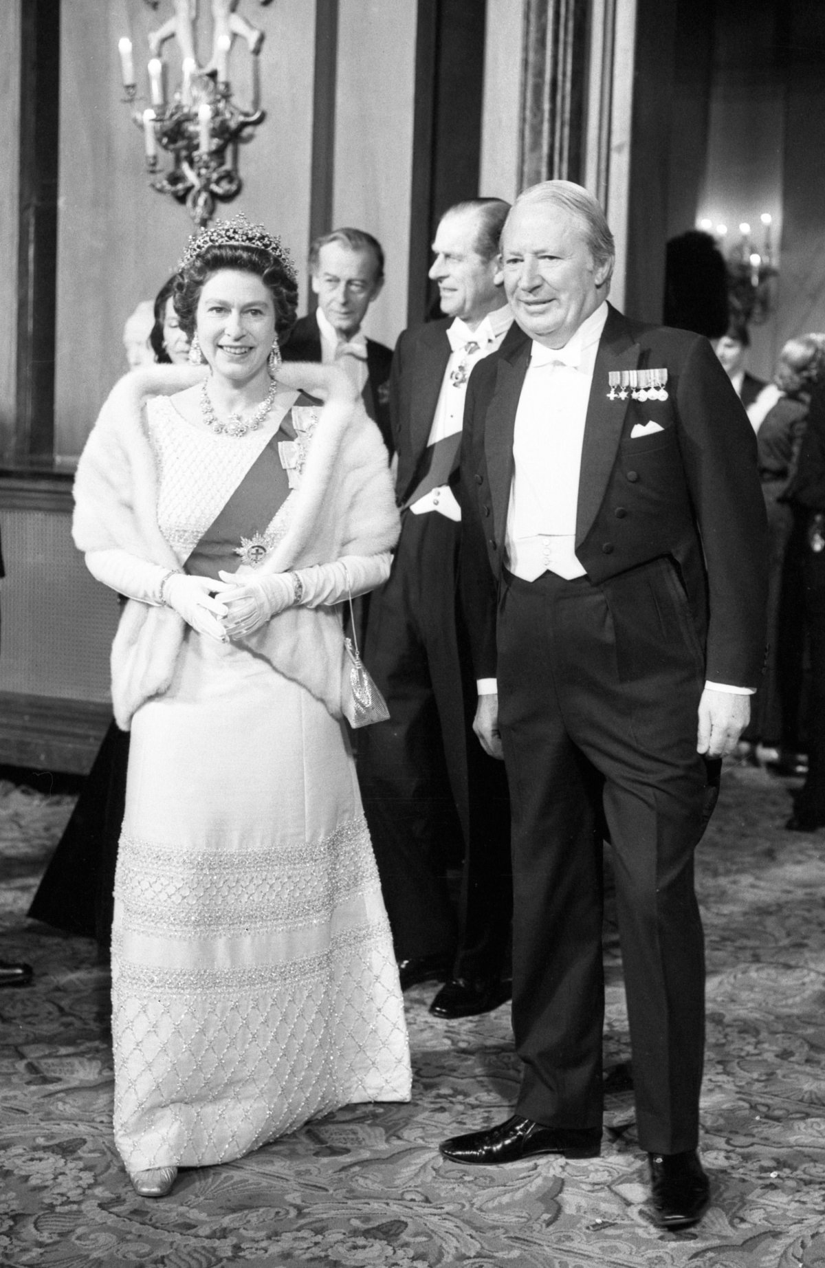 The Queen and the Duke of Edinburgh, with Prime Minister Edward Heath, arrive for the Fanfare for Europe gala at the Royal Opera House, Covent Garden on January 3, 1973 (PA Images/Alamy)