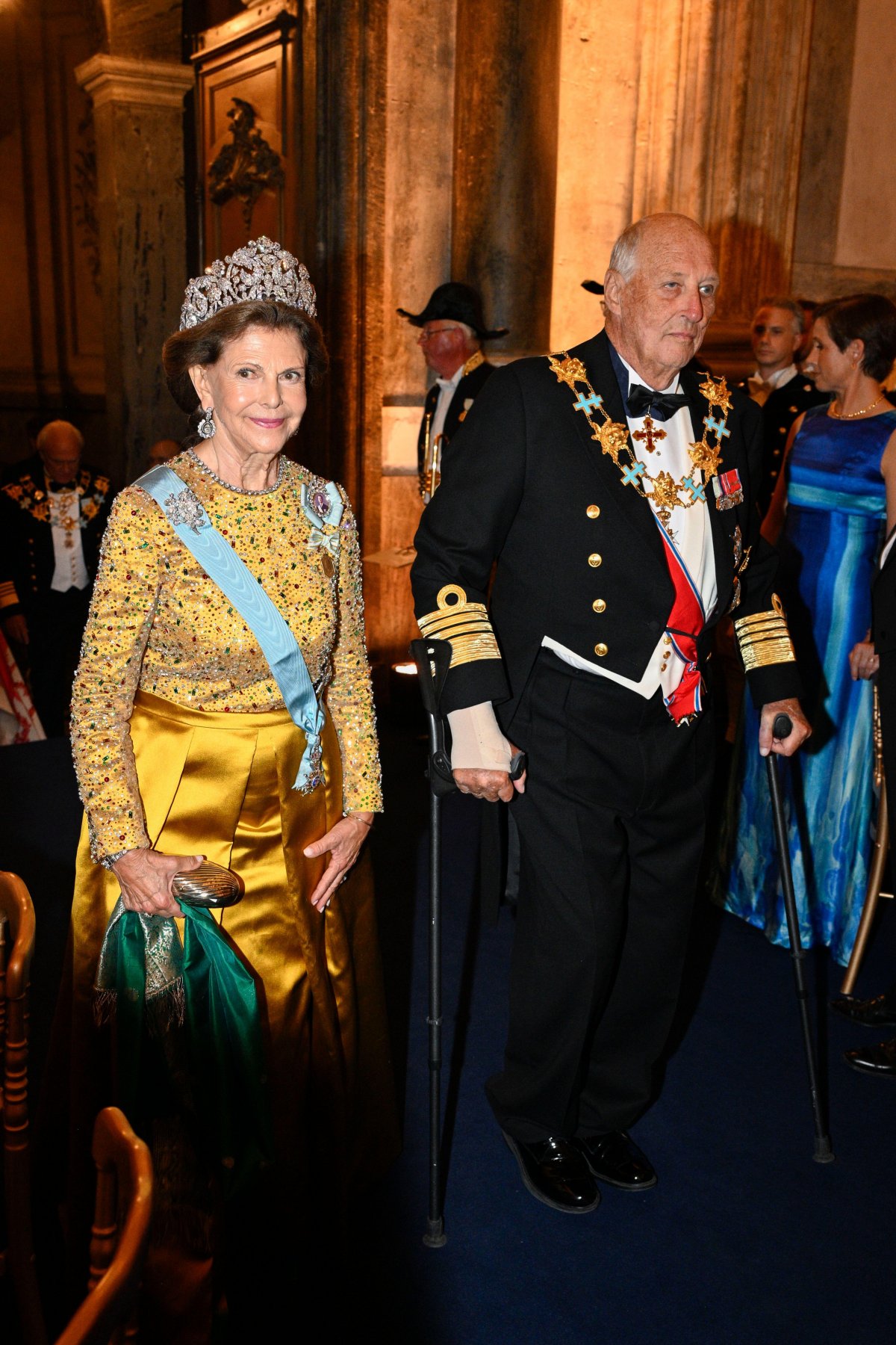 The Queen of Sweden and the King of Norway attend a Golden Jubilee banquet in honor of King Carl XVI Gustaf of Sweden at the Royal Palace in Stockholm on September 15, 2023 (Anders Wiklund/TT News Agency/Alamy)