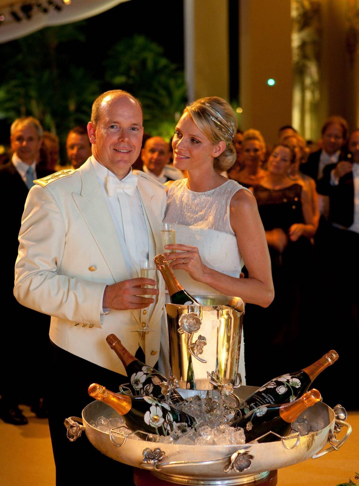 The Prince and Princess of Monaco are pictured during their wedding reception on the Opera terraces on July 2, 2011 (Palais Princier/Abaca Press/Alamy)