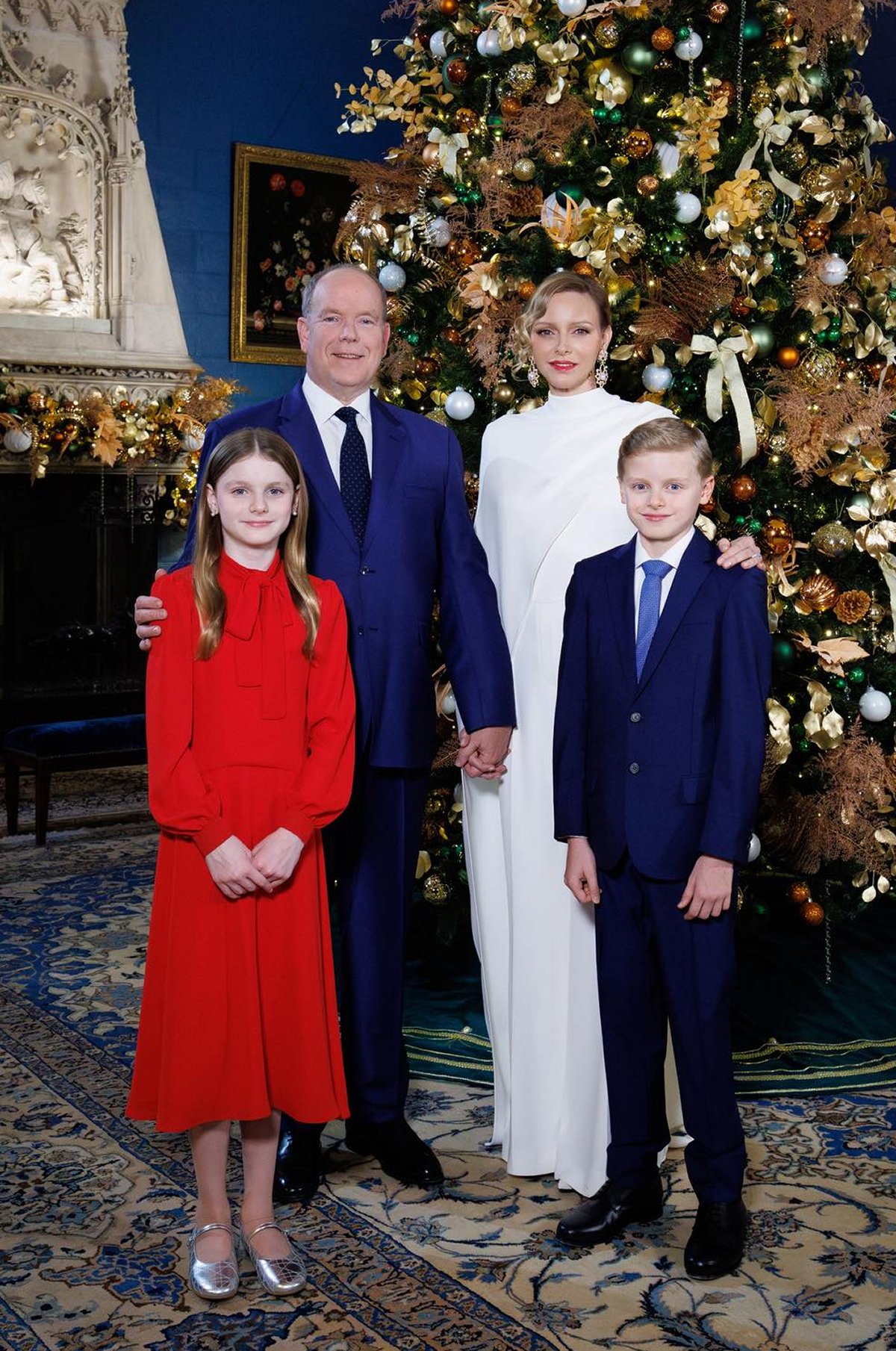 The Prince and Princess of Monaco, with the Hereditary Prince and Princess Gabriella, share good New Year wishes on December 31, 2025 (Michaël Alesi/Palais Princier de Monaco)