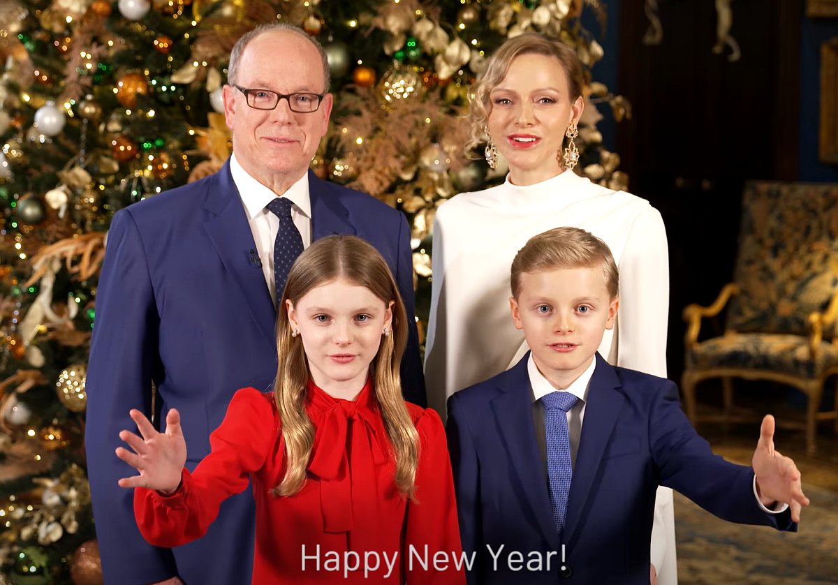 The Prince and Princess of Monaco, with the Hereditary Prince and Princess Gabriella, share good New Year wishes on December 31, 2025 (Palais Princier de Monaco)