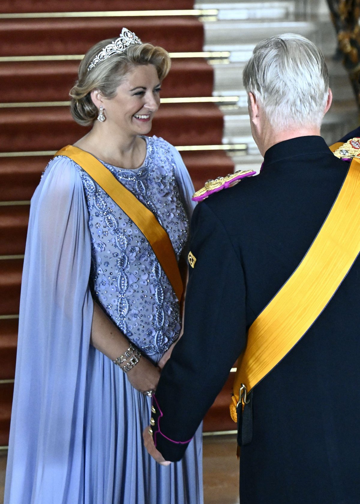 The Grand Duchess of Luxembourg greets the King of the Belgians ahead of a gala banquet at the Grand Ducal Palace on October 3, 2025 (Eric Lalmand/Belga News Agency/Alamy)