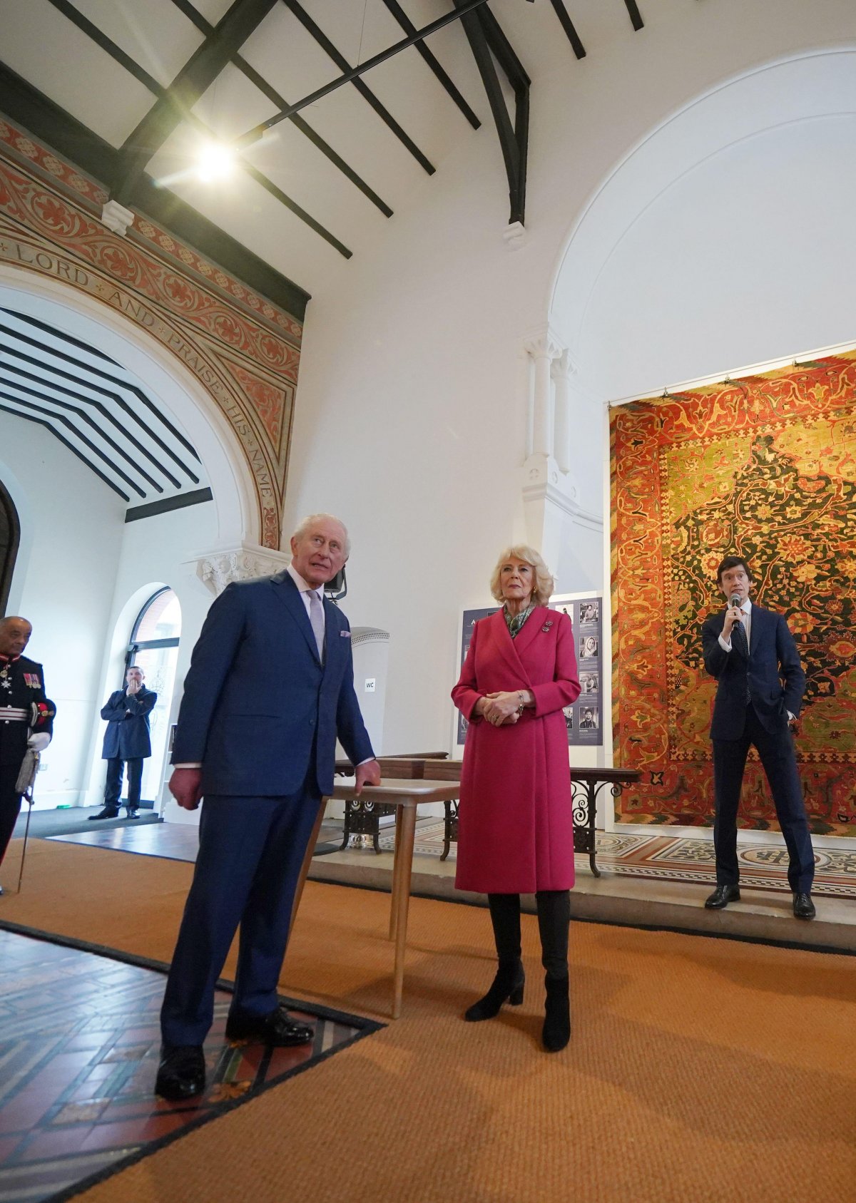 King Charles III and Queen Camilla visit Turquoise Mountain's 20th anniversary exhibition at the The Garrison Chapel in Chelsea Barracks on February 11, 2026 (Yui Mok/PA Images/Alamy)